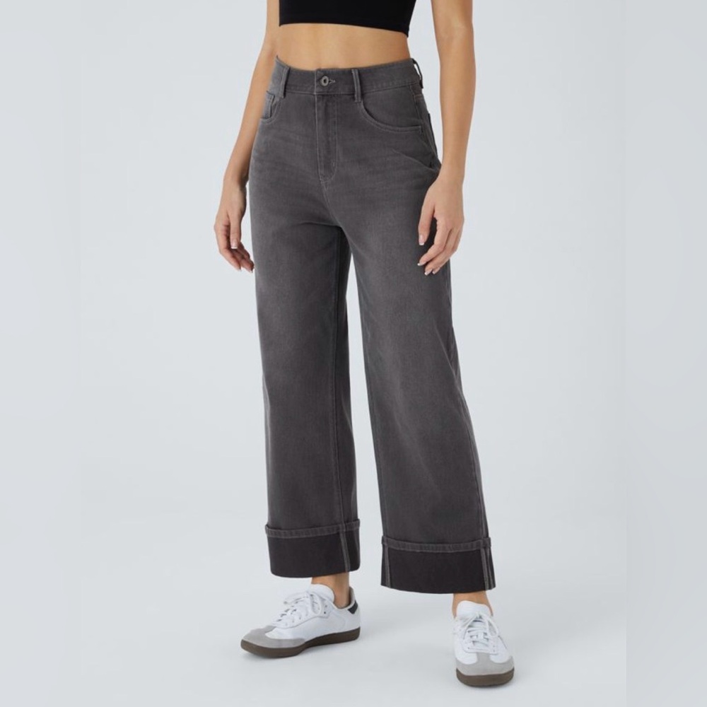 Halara Flex High Waisted Pockets Rolled Hem Wide Leg Jeans